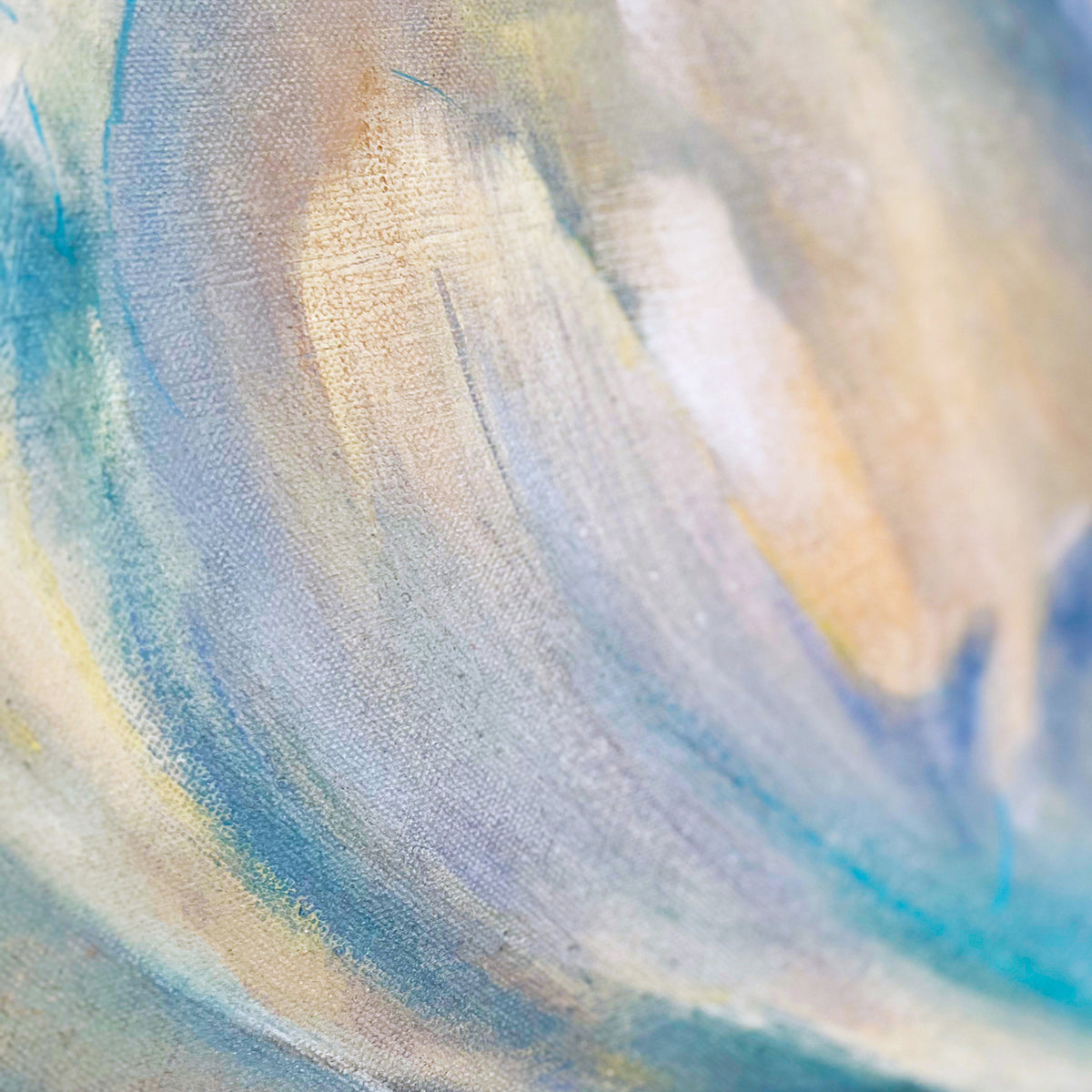 Closeup of Breathless in D abstract floral painting with blue and beige colors