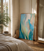 Bedroom with abstract floral original oil painting on the wall and large mirror.