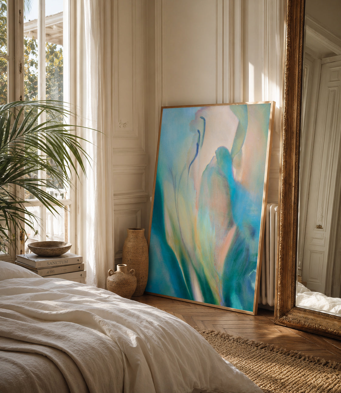 Bedroom with abstract floral original oil painting on the wall and large mirror.