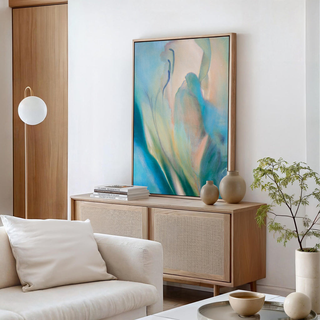 Liminalis, abstract floral original painting by Eva Cassini framed on wall in modern living room 