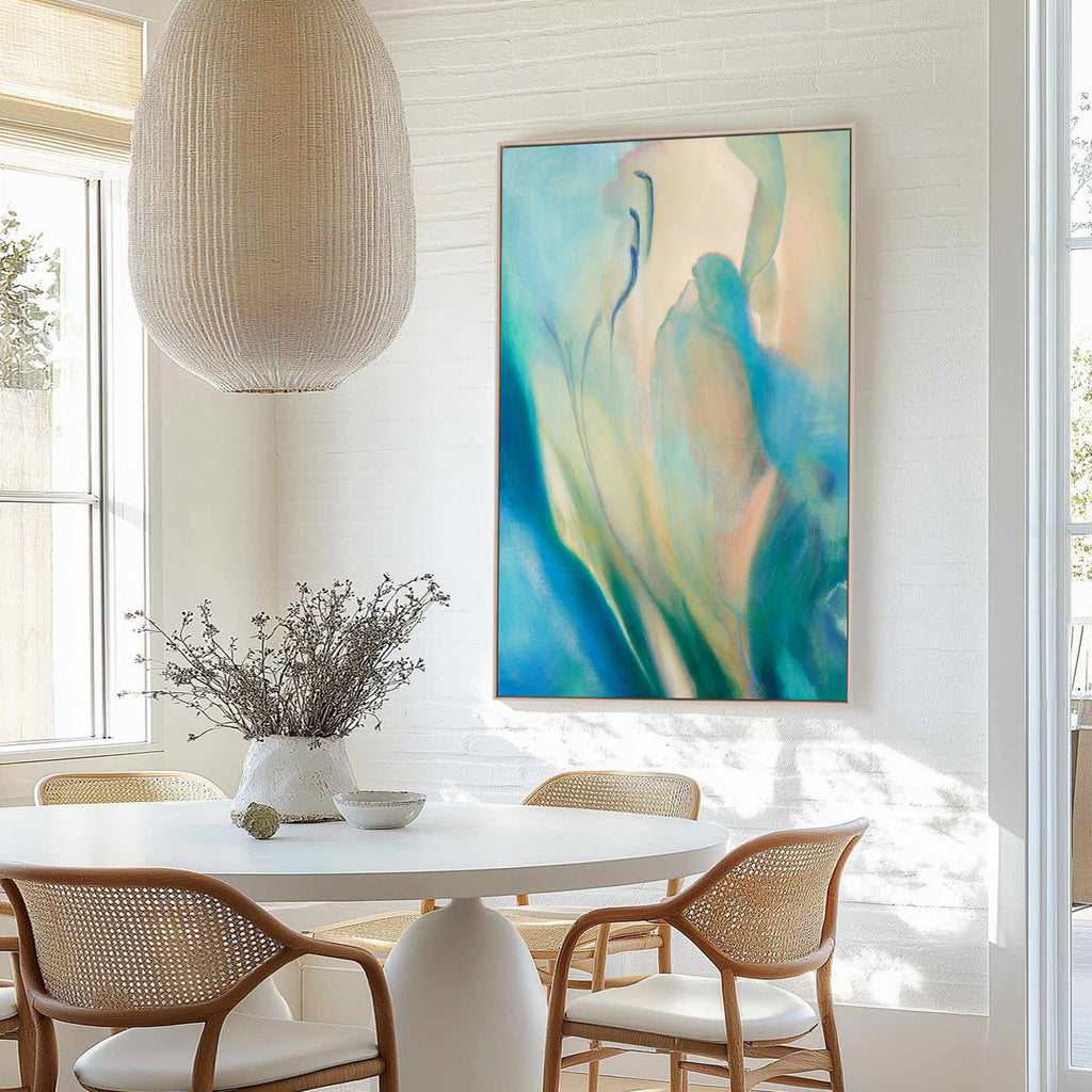 Modern dining room with abstract original framed painting, Liminalis, on the wall