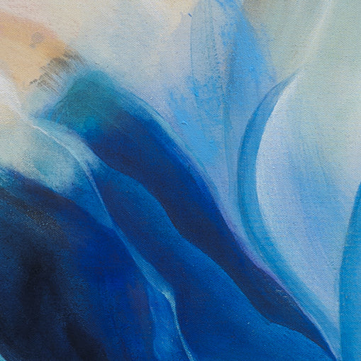 Close-up detail of abstract painting with blue and beige colors