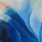 Close-up detail of abstract painting with blue and beige colors