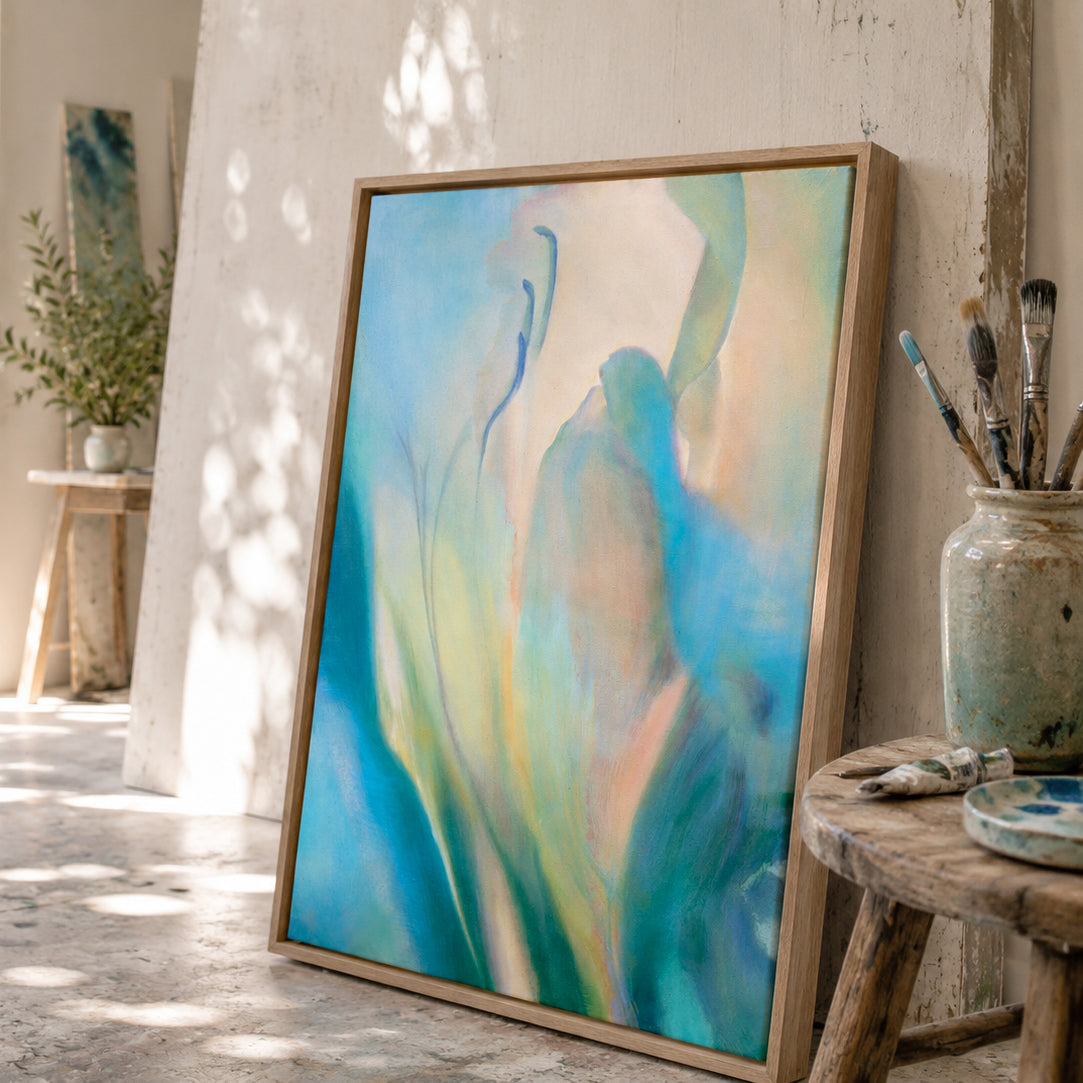 Abstract painting, Liminalis by Eva Cassini, in a wooden frame on a textured wall with artistic tools.