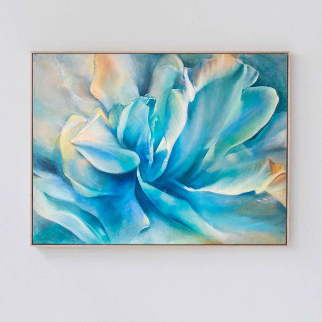 Framed original painting of abstract florals by Eva Cassini in coastal hues of blue and teal