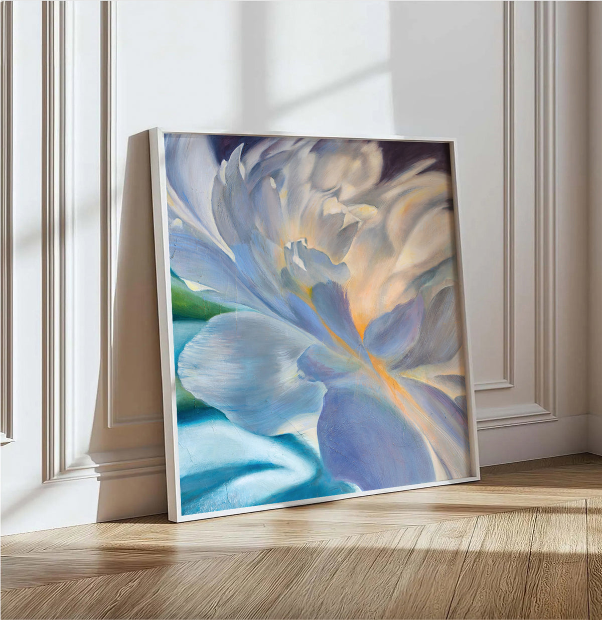 Solace in A Minor, framed abstract floral fine art print resting against wall in light-filled room