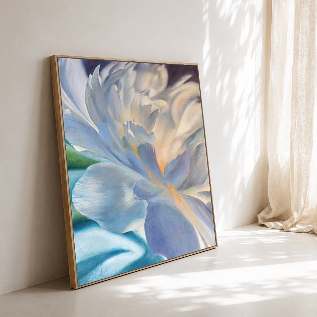Framed abstract floral painting by Eva Cassini with blue and white colors on a light surface.