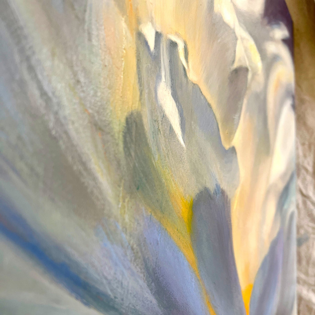 Detail of original abstract floral painting in pale grey, gold and blue by Eva Cassini