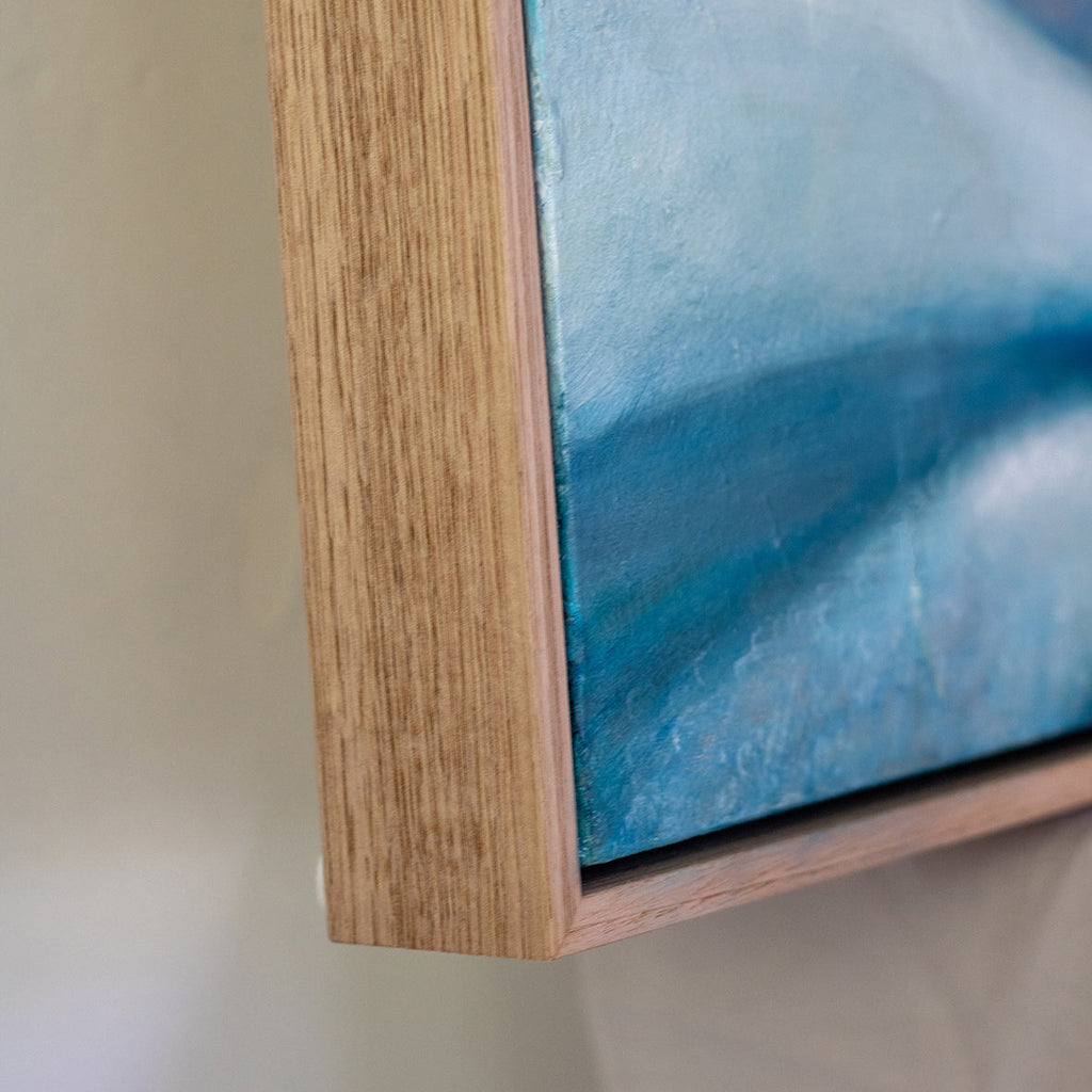 Detail of natural wood float frame and original abstract floral painting by Eva Cassini