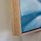 Detail of natural wood float frame and original abstract floral painting by Eva Cassini