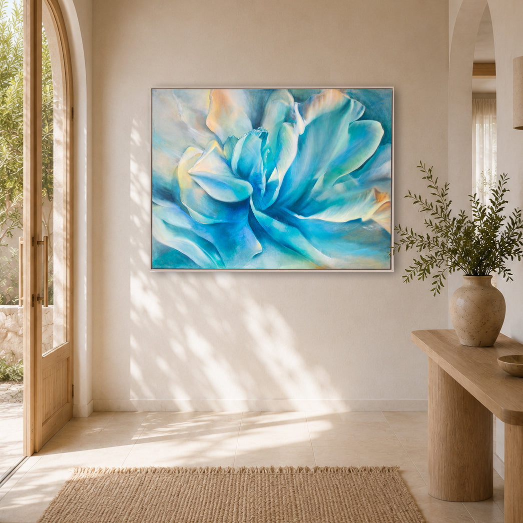 Rapture in C original abstract floral painting by Eva Cassini, framed on wall in light coastal interior
