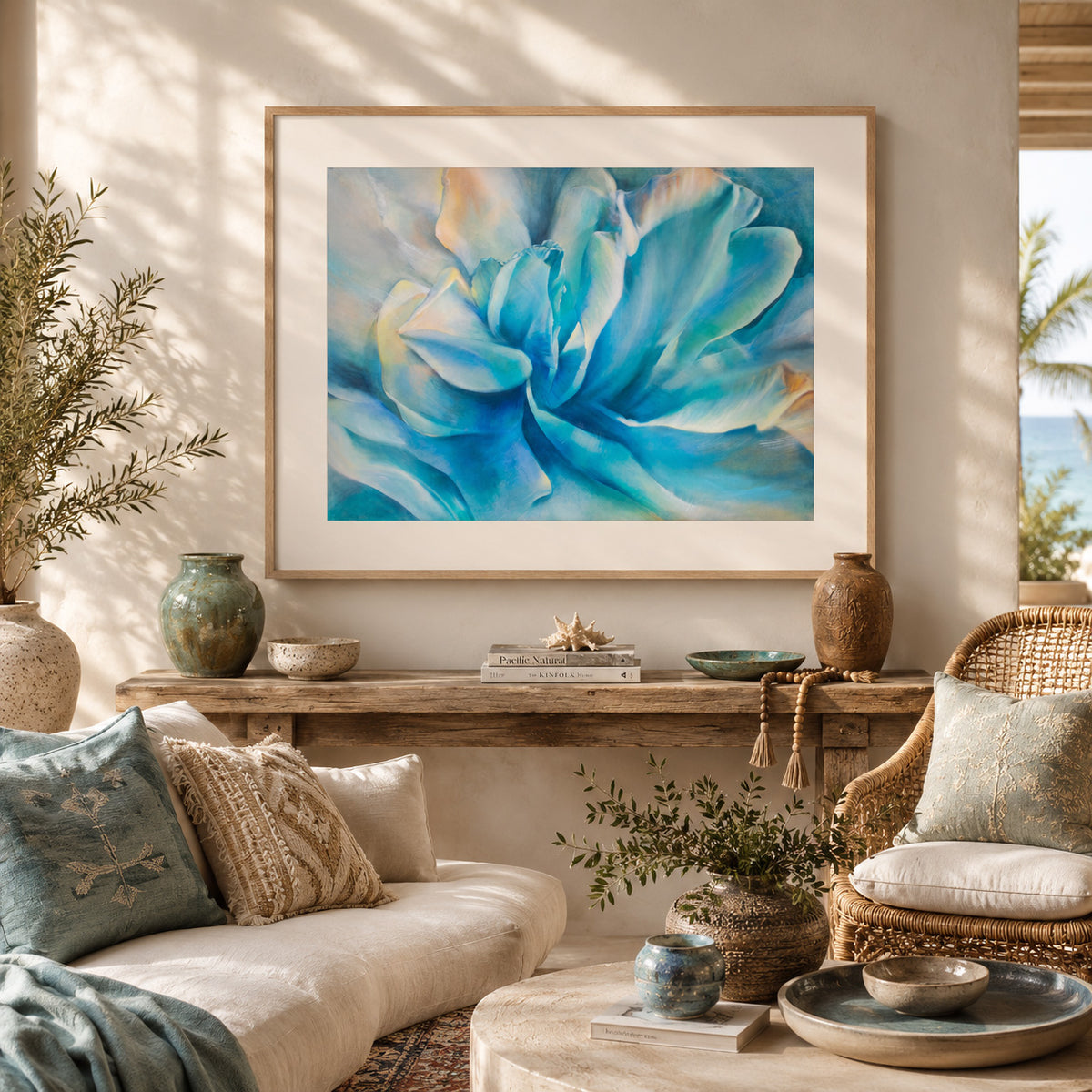 Rapture in C fine art abstract floral print by Eva Cassini Art, framed on wall in light coastal interior