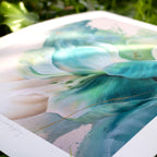 Close-up of abstract botanical fine art print by Eva Cassini in jade and teal colours.