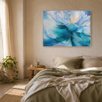 Bedroom with a large blue abstract floral painting by Eva Cassini on the wall.