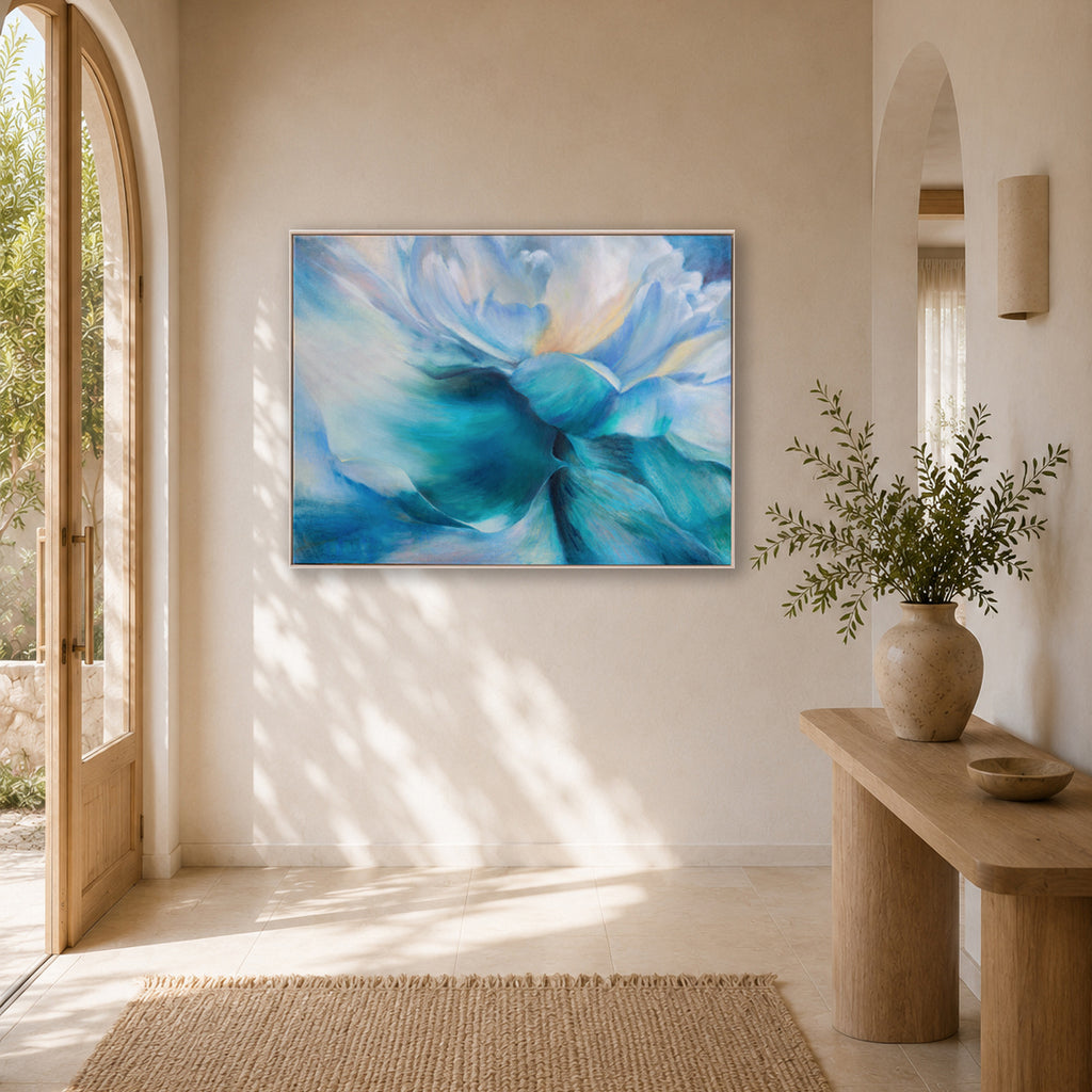 Breathless in D large wall art by Eva Cassini Art, framed on wall in light coastal interior