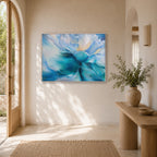 Breathless in D large wall art by Eva Cassini Art, framed on wall in light coastal interior