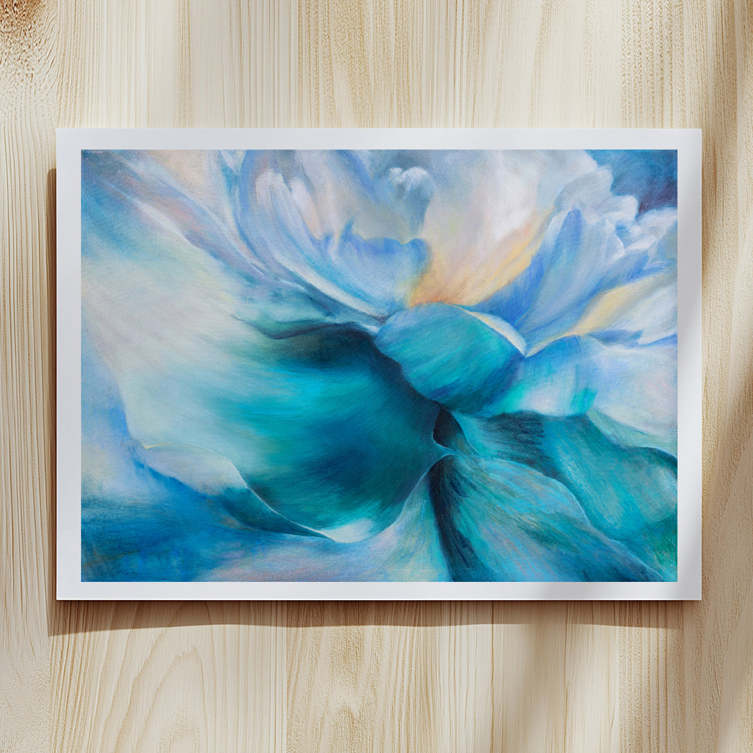 Framed fine art print of a blue and white abstract flower by Eva Cassini