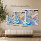 Comparison chart of different print sizes of an abstract floral artwork on a wall.