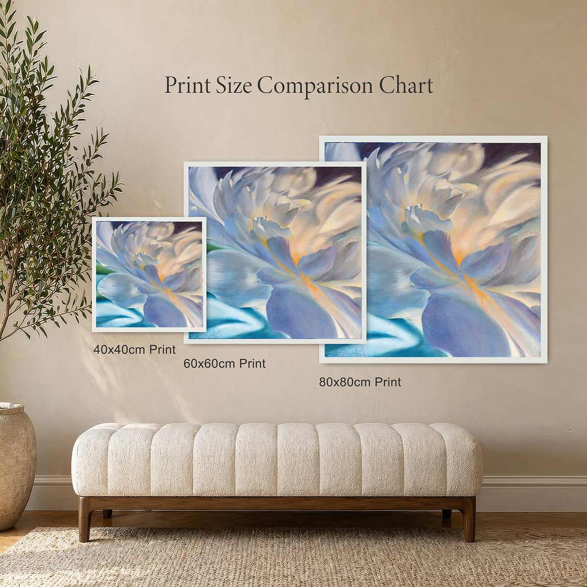 Comparison chart of different print sizes of an abstract floral artwork on a wall.