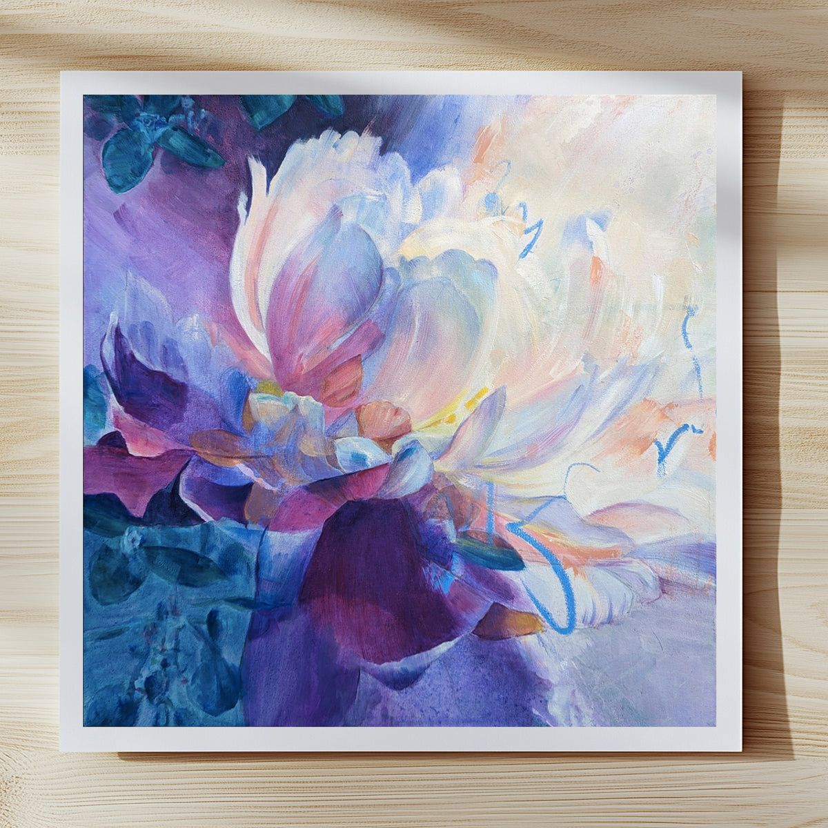 Colorful abstract floral fine art print on a wooden surface
