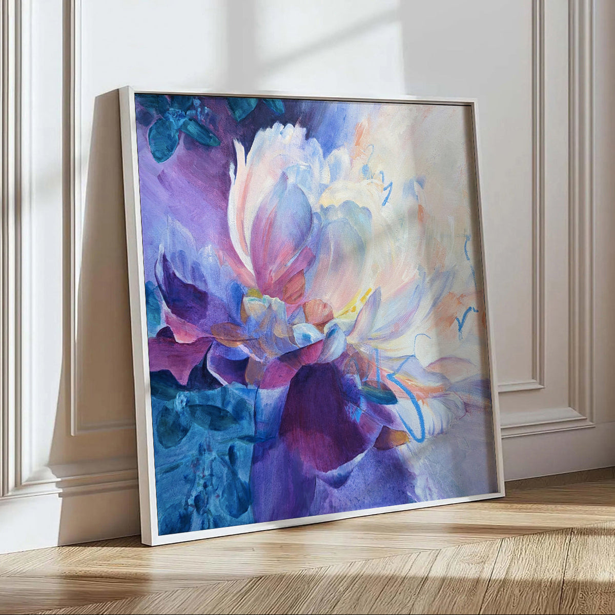 Framed abstract floral painting in purple, white and teal colours, resting against a wall