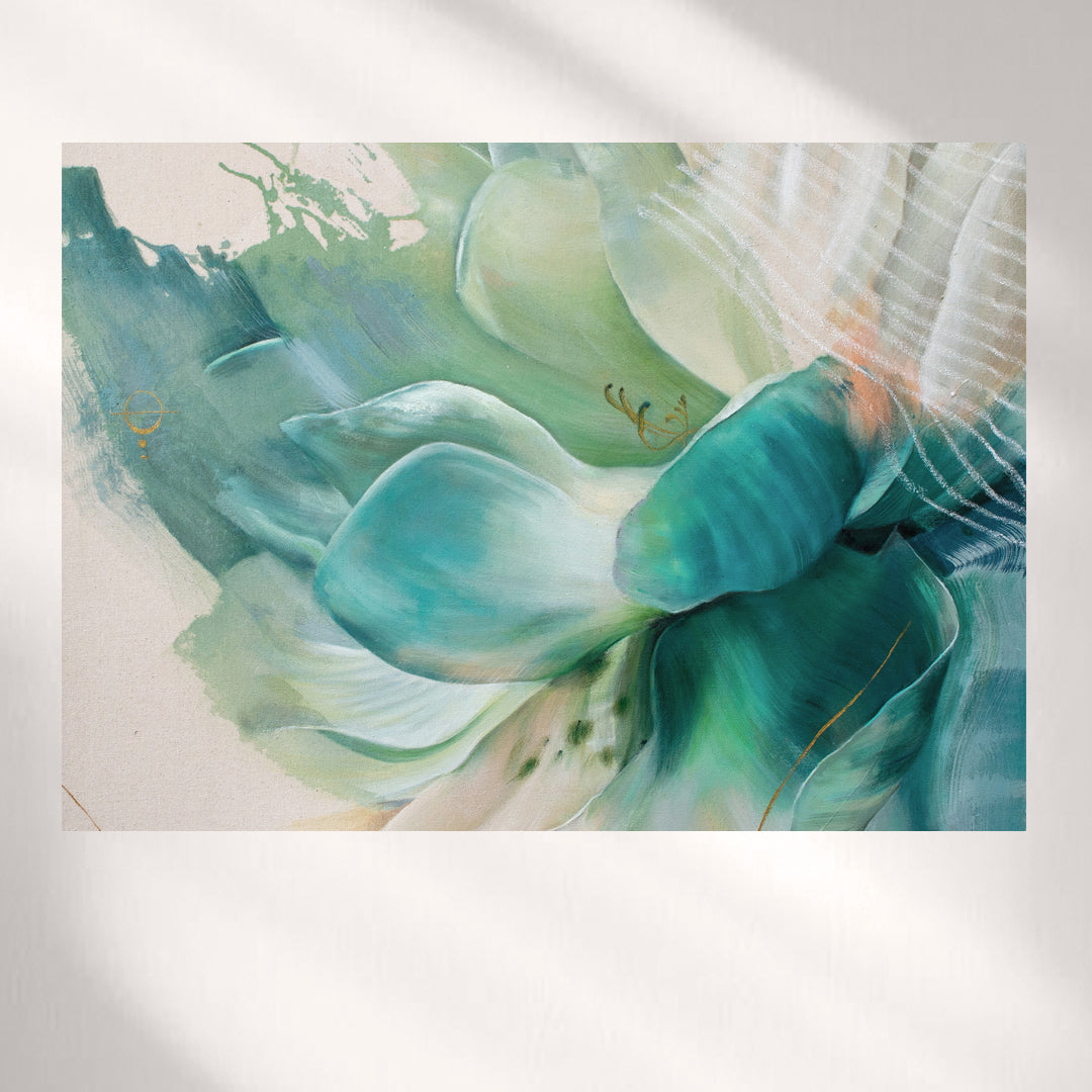 Scarf design in aqua and jade from the original painting, The Endless Great Unfolding