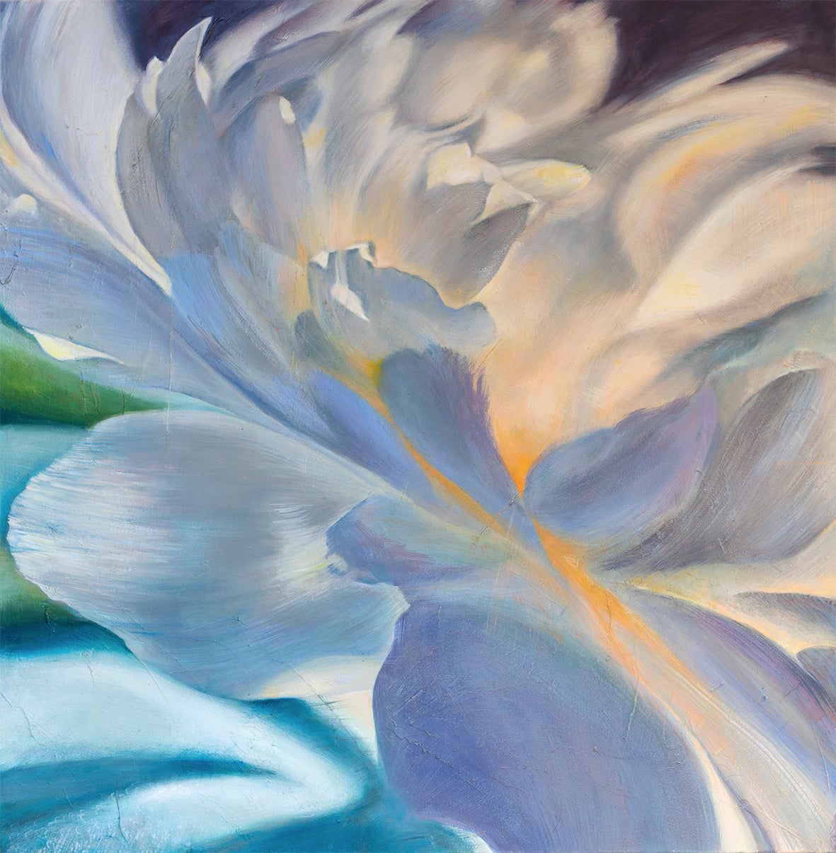 Abstract floral painting by Eva Cassini in blue, purple, and yellow hues.