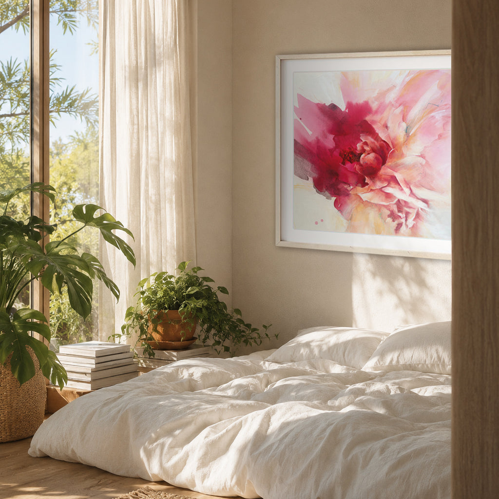 Heart Takes Flight fine art print by Eva Cassini Art, framed on natural light filled bedroom wall