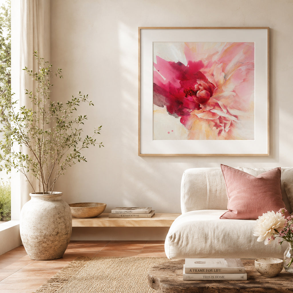 Heart Takes Flight fine art print by Eva Cassini Art, framed on wall in light soft living room