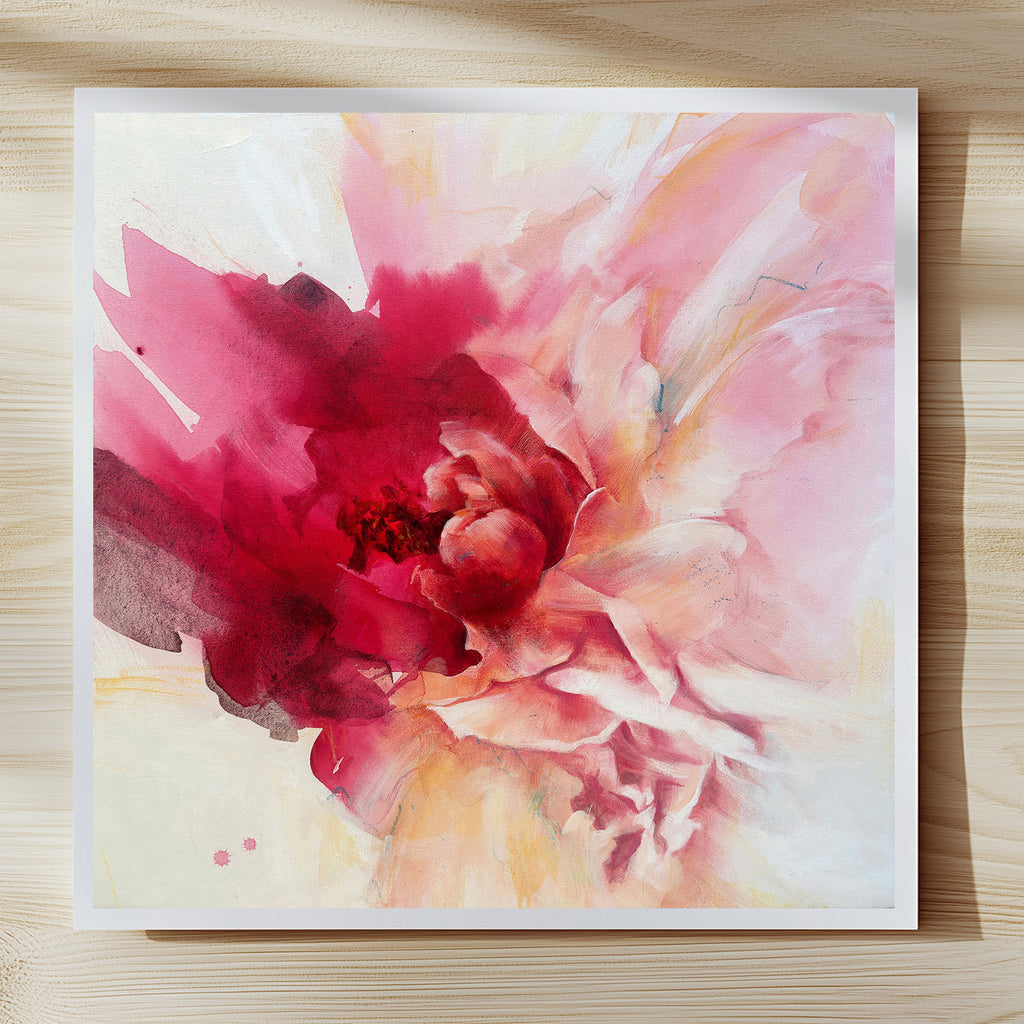 Abstract botanical fine art print ‘Heart Takes Flight’ in luminous scarlet colours