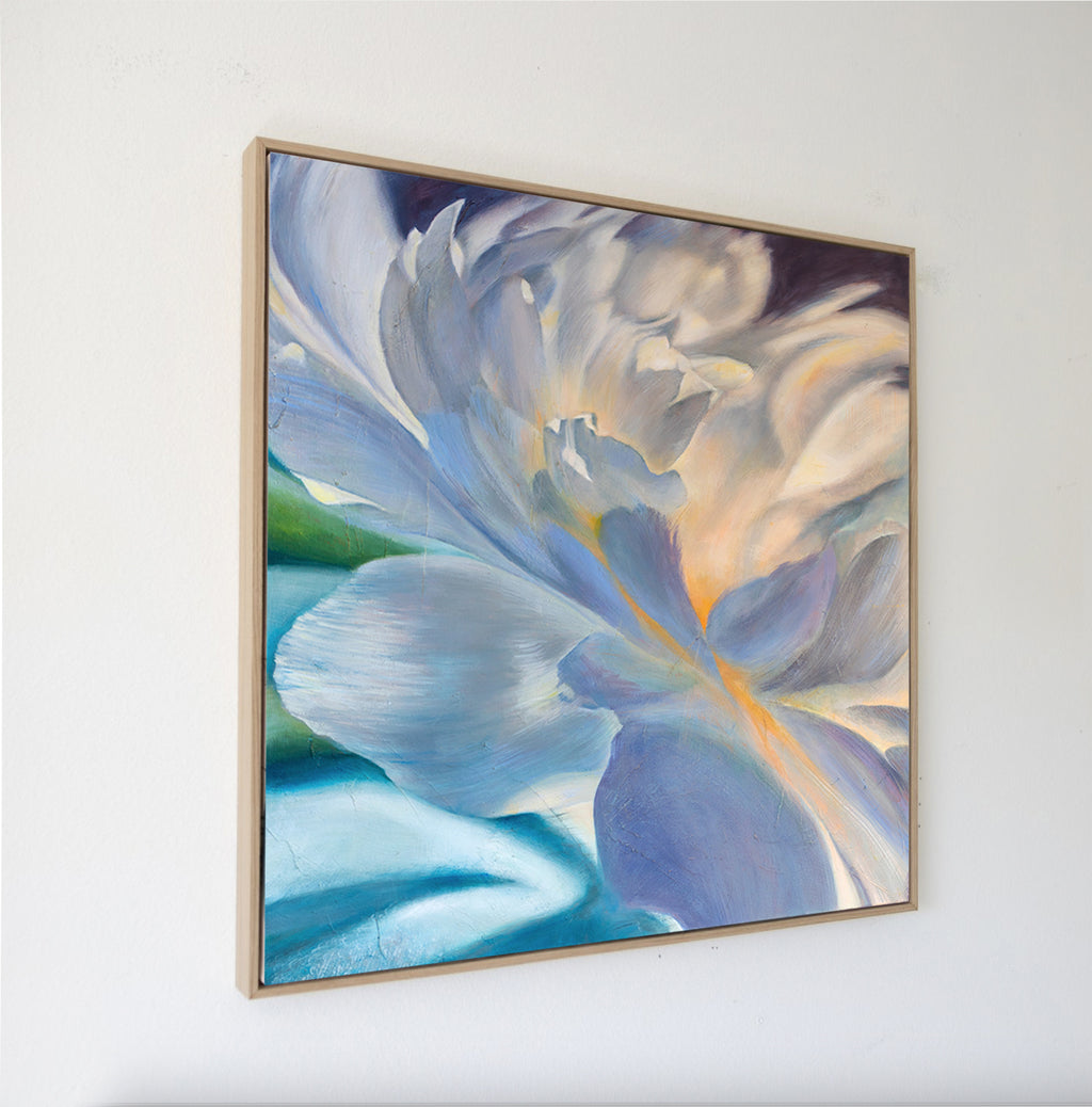 Original abstract floral painting by Eva Cassini in soft indigo, grey and gold tones