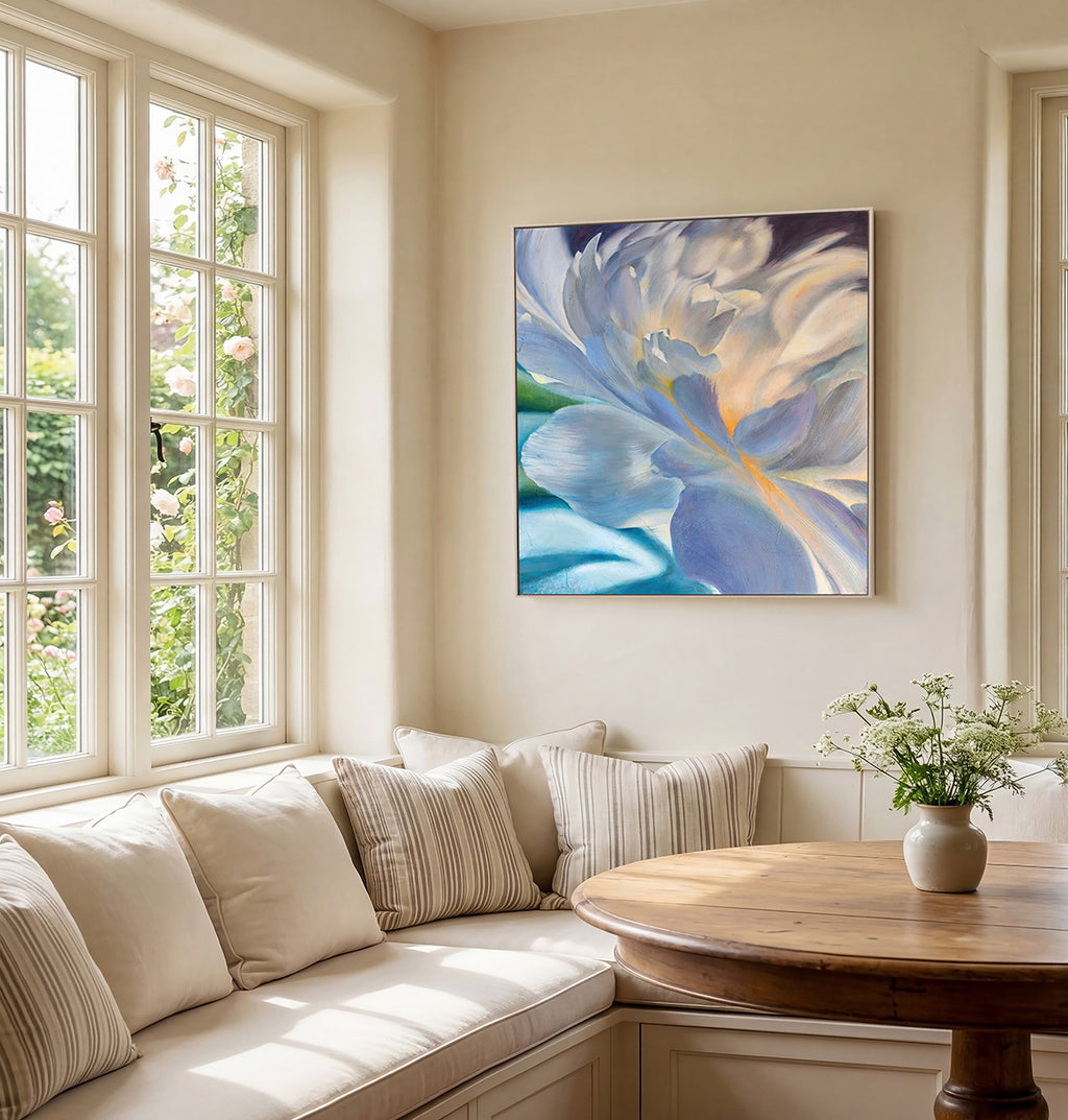 Solace in A Minor abstract floral fine art print by Eva Cassini Art, framed on wall in light filled living room