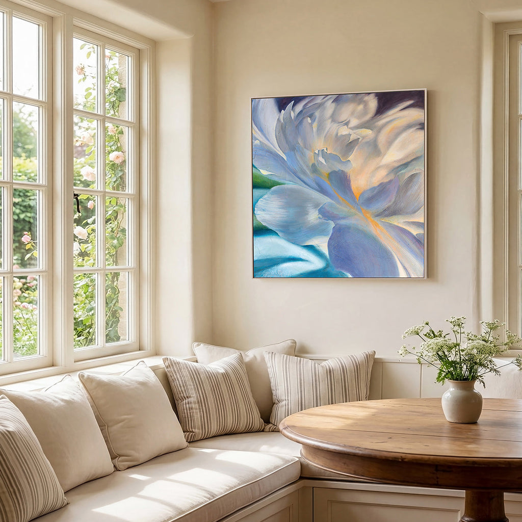 Solace in A Minor abstract floral painting by Eva Cassini Art, framed on wall in light filled living room