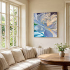 Solace in A Minor abstract floral painting by Eva Cassini Art, framed on wall in light filled living room